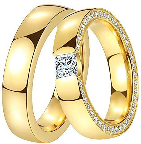 DOOSTI Ring Damen Herren Edelstahl Gelbgold vergoldet Partnerring Verlobungsring Trauringe Hochzeit Freundschaftsringe Ehering inkl. Gravur mit Namen (Ring mit Zirkonia, 50)