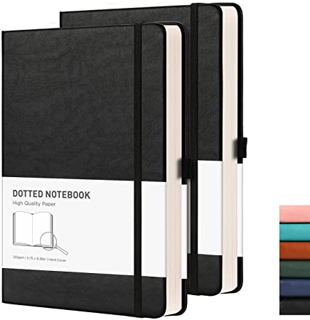 RETTACY A5 Gepunktetes Notizbuch 2er Pack - Bullet Dot Grid Journal mit 320 nummerierten Seiten Hardcover 120gsm dickem Papier, 8 perforierten Blättern, Innentasche - 2Schwarz