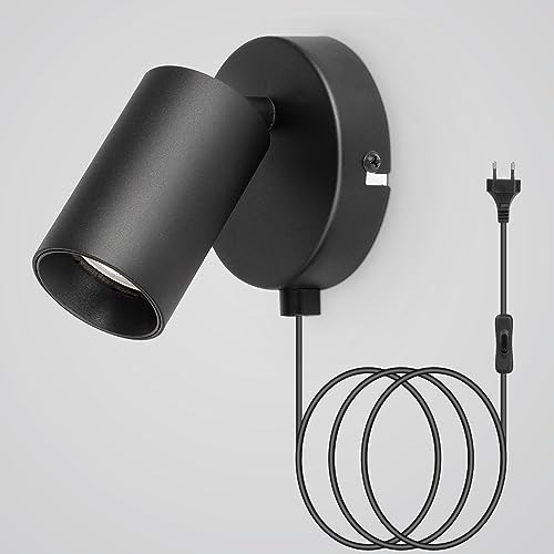 TaFiCo Wandleuchte Innen GU10 - Wandlampe mit Schalter und Stecker Vintage Wandstrahler Schwarz Wandspot Drehbare 350°für Wohnzimmer Schlafzimmer Korridor Treppenhaus, Ohne Leuchtmittel