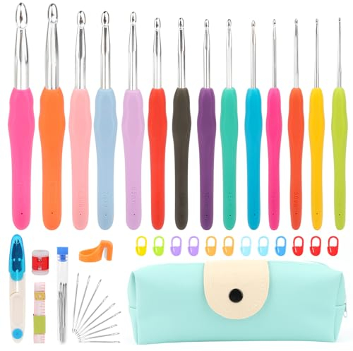 VMUTGA Häkelnadel Set, 14 Stück Häkelhaken Volle Größe HäKelnadeln Set Ergonomische Gummigriffe Farbe Häkeln Stricken Nadeln Kit für Häkeln und Kunsthandwerk, Geschenk für Mutter Schwester Tochter