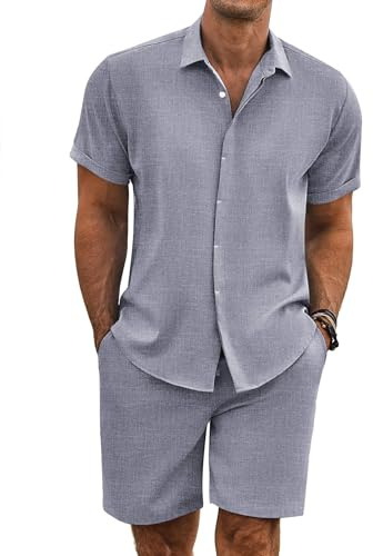 COOFANDY Men's Summer Beach Outfits 2 Piece Short Sleeve Shirts and Shorts Vacation Texture Linen Sets for Men, Dark Blue Grey, Large