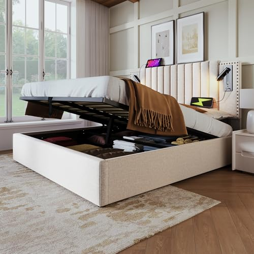 Dolamaní Modern Doppelbett 140x200 cm, Boxspringbett mit Stauraum Bettkasten,Lattenrost, Funktionsbett mit Kopfteil Höhen-verstellbar & Rückenlehne-Nietendesign,Ohne Matratze, Beige