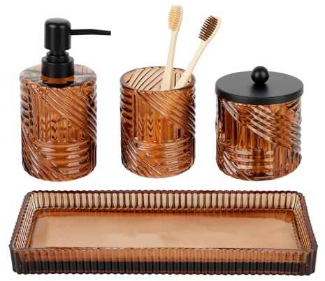 Bathroom Accessories Set,4 Pcs Amber Glass Bathroom Accessories Sets Complete with Lotion Soap Dispenser,Toothbrush Holder,Qtip Holder Dispenser and Vanity Tray,Bathroom Countertop Vanity Organizer