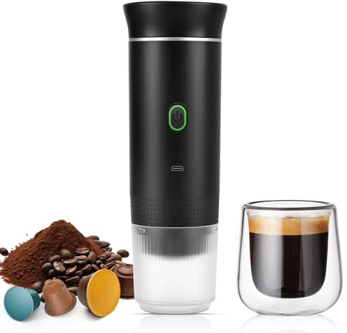 Weinsamkeit Tragbare Kaffeemaschine, Elektrische Espressomaschine für Camping Ein-Klick-Heizung Reisekaffeemaschine 12V Mini Akku Kaffeemaschine mit Gemahlenem Kaffee & NS-Kapsel für Auto Camping Büro