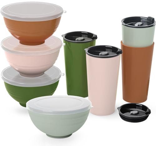 Greentainer Unbreakable Large Cereal Bowl & Cup Set with Lids, Plastic Lightweight Bowl and Cup Sets 4 - Dishwasher & Microwave Safe, Camping Tableware, Service for 4