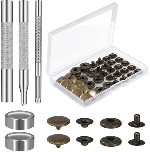 Botones de Presion 12 Set Corchetes de Presión Metálicos Botones Snaps de Presión con 4 Herramientas de Fijación para Reparar Ropa Chaquetas, Vaqueros, Correas y Trabajos de Costura 15mm (Bronce)