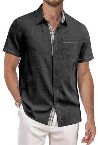 Misfuso Chemise Homme à Carreaux Manche Courte Chemise en Lin Boutonnée Coupe Régulière Chemise Plage Légère Unie