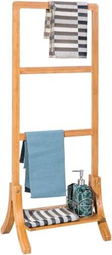 Toallero de Pie para Baño con Estante y 3 Colgadores para Toallas, Soporte de Toallas Múltiple para Baño de Bambú, Ideal para el Hogar y el Baño, 40x28.5x104cm, Bambú Natural