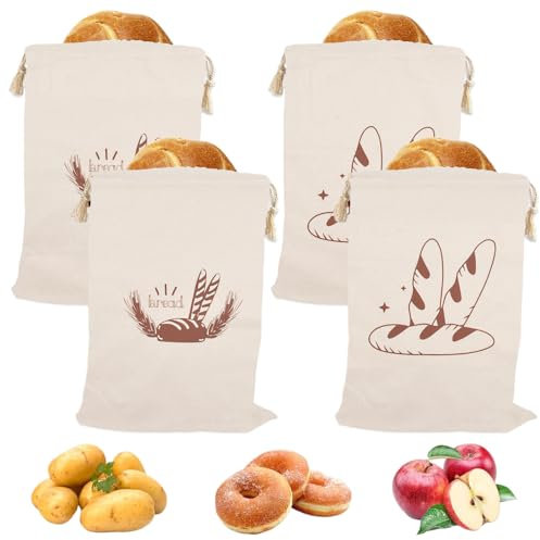 4 Pièces Sac à Pain en Lin 30x40cm Réutilisable avec Cordon - Rangement Respirant en Coton Lin pour Pain Frais, Fruits, Légumes