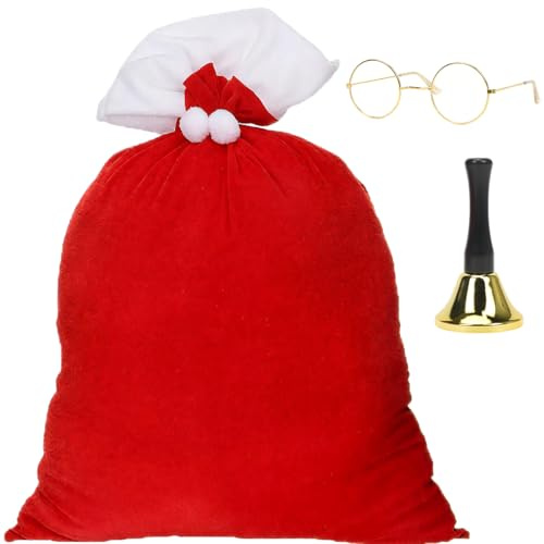 Saco Papa Noel Grande, 70CM X 110CM, Juego de 3 Piezas XXL Bolsas Regalo Navidad en Terciopelo Rojo, con Gafas de Santa y Campanita Decorativa