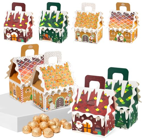 Dhnvcud 24 scatole regalo di Natale a forma di casa di pan di zenzero, scatole per biscotti di Natale con manico, per feste di Natale, bomboniere per baby shower, 4 disegni
