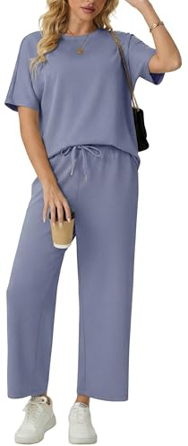 GRECERELLE Airport Completi Due Pezzi Lounge per Donna Tuta Donna Set Completo Estivo Maniche Corte Casual Girocollo Top a Maniche Corte e Pantaloni da Jogging con Tasche, Blu foschia, L
