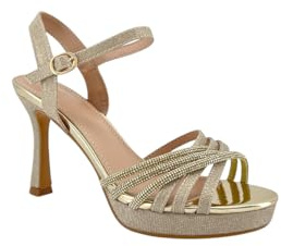 MODELISA - Sandalia de Tacón Alto con Plataforma para Mujer, Zapatos de Fiesta con Tiras de Brillo para Boda, Eventos y Noche (Dorado, Sistema tallas calzado EU, Adulto, Mujer, Números, mediano, 36)