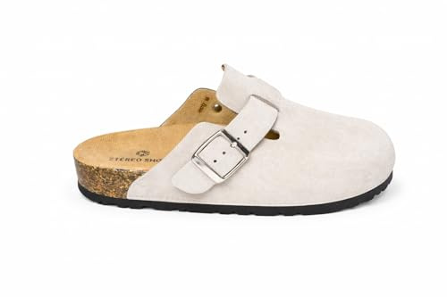 COMPRISA Zuecos Mules Mujer Cómodos de Corcho Cerrados con Hebilla Ajustable Pantuflas Antideslizantes para Casa Trabajo Jardín, Sandalias Casual Negro Marrón Beige 36-41
