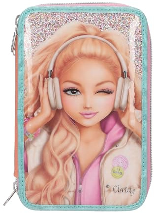 Depesche 14100 TOPModel Music - Estuche de 3 Compartimentos en Rosa, Albaricoque y Turquesa, con Motivo de Modelo y Purpurina; Estuche con lápices de Colores, Tijeras, Regla y Mucho más
