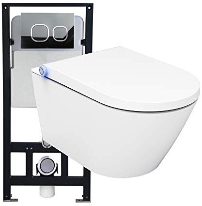 BERNSTEIN - Pack WC japonais + Bâti-support plaque Satin, Toilettes suspendu lavant Cuvette céramique brillant, jet douche, Abattant LED, Chasse Vortex 180° - 59x38x38cm - Basic 1102