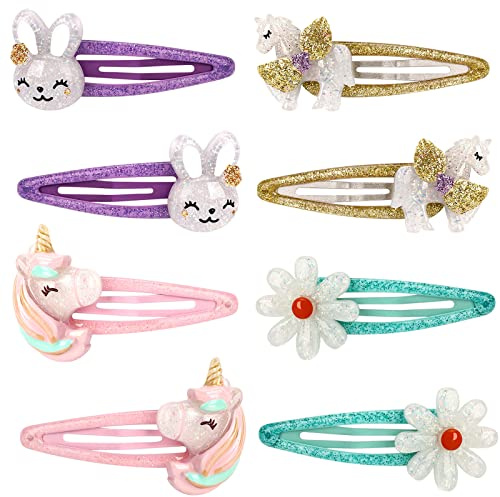 Toddler Girls Glitter Unicorn Snap Clips,Lovely Rabbit Hair Clip for Kids Cute Flower Metal Snap Hair Pins-Flower