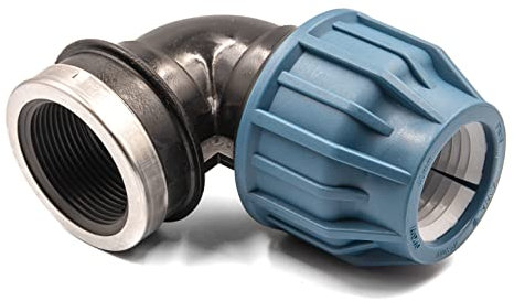 Codo de polipropileno con rosca hembra para tubería PE 40mm x 6/4 - conector de compresión para agua potable, 16 bar, cert. DVGW/KIWA/WRAS