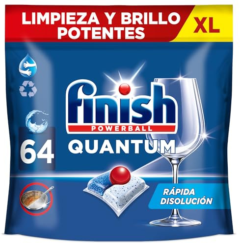 Finish Powerball Quantum All in 1 Pastillas para el lavavajillas todo en 1, limpieza profunda y brillo superior, 64 pastillas