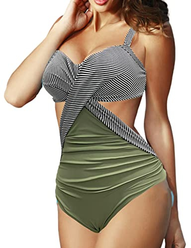 Rayson Trajes de Baño Monokini Reductor con Aros Push Up Tallas Grandes Bañadores Mujer Reductores Trikini de Una Pieza Frontal Cruzada Swimsuit(Verde,L)