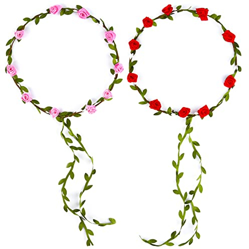 PLULON 2 diademas con corona de flores para mujer, diadema con guirnalda de flores, diadema bohemia para niñas, boda, festival, accesorios para el cabello (rojo y rosa)