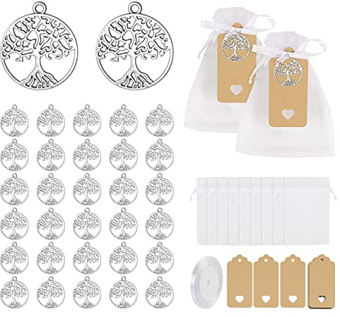 Gåvor dop, 30 st livsträd hängen med 30 st vit organza-påse, 30 st kraftpappershänge och 1 rulle band, dophänge för bröllop gäst baby shower present party souvenir dop