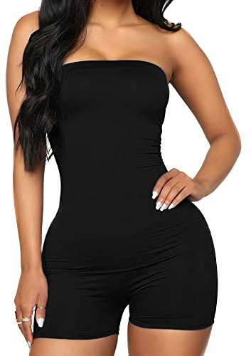 TTPSRY Women's Strapless Unitard Bodysuit One Piece Sleeveless Short Rompers Jumpsuit Black Bodycon Tank Top Outfits (Black/S)