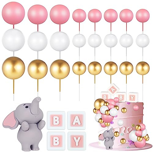FRIUSATE 26 mini palline decorative per torta a forma di elefante, rosa con lettere del bambino, decorazioni per cupcake, palloncini in schiuma bianca e oro rosa, elefanti, feste di compleanno (rosa)