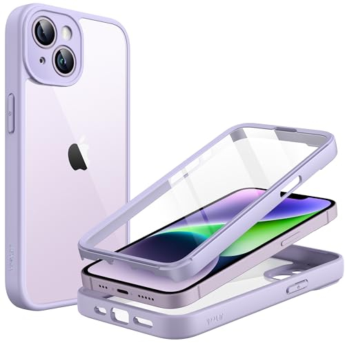JETech Cover per iPhone 14 6,1 Pollici con Integrato Vetro Temperato Pellicola Protettiva, Fotocamera Pieno Copertina Protezione, Antiurto Paraurti Cellulare Custodia Chiaro Retro (Viola Chiaro)