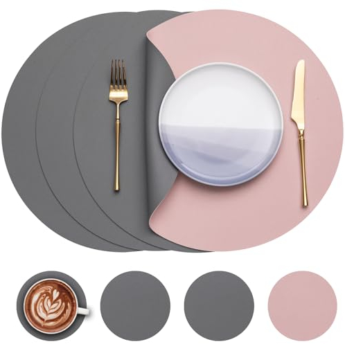 Myir JUN Juego de 4 Salvamanteles Manteles Redondos, Salvamanteles Manteles Lavables PVC Mantel Individual Posavasos Reversibles (Gris & Rosa, Redondo Juego de 4)