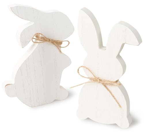 GEBETTER 2 Stück 2 Muster Holzhasen Figuren kleinen 17 cm Deko Hasen Osterhasen Holz Natur Osterdeko zum Hinstellen Geschenk Aufsteller für Ostern Osterdekoration (Weiß)