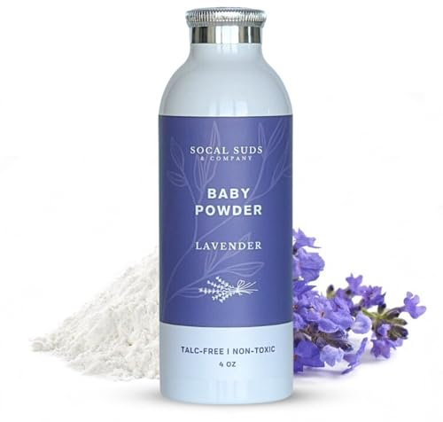 SoCal Suds & Company - Natürliches Babypuder Talkfrei – Neugeborene Essentials mit Pfeilwurzelpulver, Kaolin, Aspenrinde-Extrakt für weiche, beruhigende, geschützte Haut, sanfte Absorption – Lavendel
