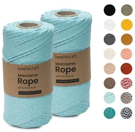 Macrame Garn, 2er-Set Mintgrün, Loopncraft, 2mm - 240m, gedrehte Natürliche Baumwollseil, Recycling Garn