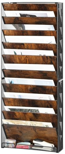 Solinxe Revistero Pared Metálico 10 Niveles - Organizador de Escritorio Documentos A4, Archivador Oficina con Bandeja, Porta Revistas y Carpetas Colgantes para Hogar/Escuela (Negro/Antiguo)