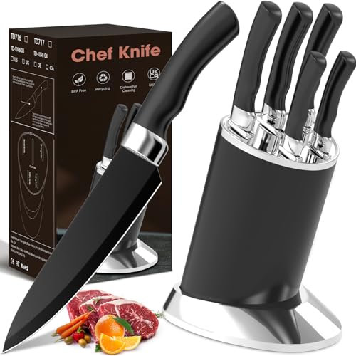 Meleho Messerblock Set 7pcs Schwarz, Kochmesser Set Scharf Edelstahl, Messerblock mit Messer, Profi Küchenmesser Set, mit Waschlappen und Geschenkboxen