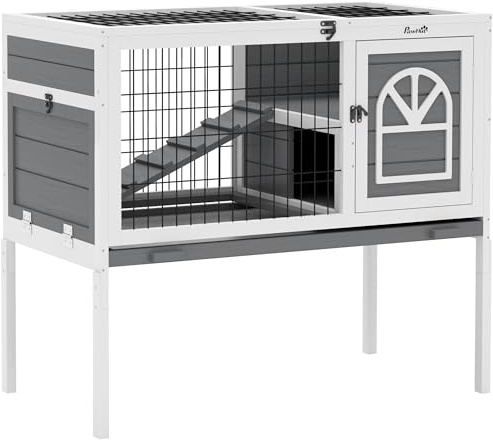 PawHut Wooden Rabbit Hutch, Elevated Guinea Pig Cage w/Openable Roof, Ladder, Removable Tray, 90 x 53 x 87cm - Grey