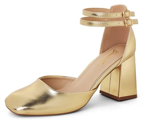 GENSHUO Zapatos de Tacón Grueso para Mujer, Doble Correa al Tobillo, Punta Cuadrada, Tacones Elegantes y Cómodos para Vestimenta Formal, Oro Mate, 40 EU