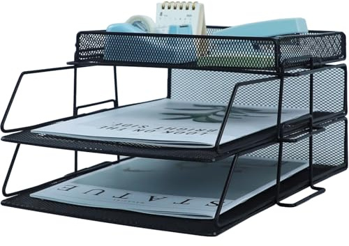HIHOBDAY 2 Tier Paper Organiser Mesh Letter Tray Metal Magazine File Desk Storage For Office School Home, Black