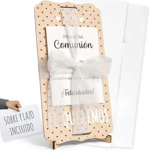 nagu® Primera Comunión. Regalos para Niño o Niña. Tarjeta Regalo Personalizada para Comunión o Regalos Invitados Boda de Madera, con Lazo, Sobre, Soporte y Letras Para Regalar Foto o Dinero
