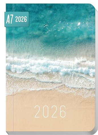 Häfft® Taschenkalender 2026 klein A7 Summer Beach Wochenkalender mit Feiertagen DE/AT, Monats- & Ferienübersicht, To-do & Notizseiten, 128 Seiten