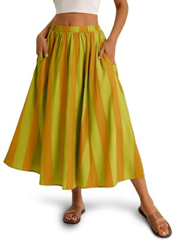 Cicy Bell Womens Summer Striped Maxi Skirts A-Line Elastic Waist Flowy Skirt Beach Vacation Outfits Green