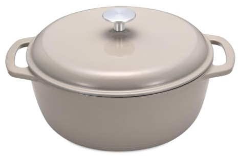 Amazon Basics Enameled Cast Iron Dutch Oven Pot With Lid, 6-Quart, Round, Dual Handles, Heavy-Duty, Oven Safe for Stews, Roasting & Baking, Linen Gray