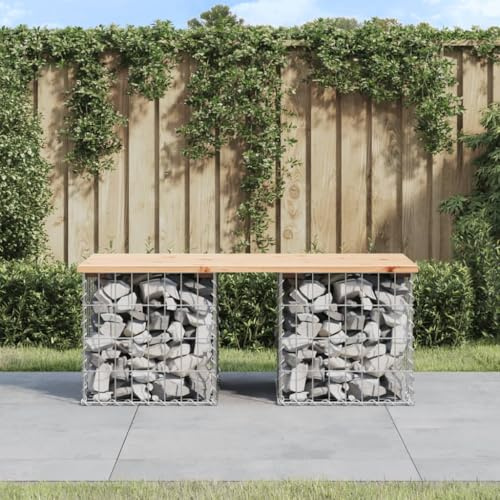 QZZCED Banco de Jardín con Diseño de Gaviones y Asiento de Madera Maciza de Pino 103x44x42 cm para Exteriores, Resistente y Estable, Base de Acero Galvanizado, Ideal para Patios