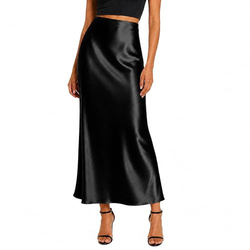 Supcomsta Womens Satin Maxi Skirt High Waisted Silky Long Skirt, Elastic Waist Elegant Slip Skirt for Casual Party (UK, Alpha, M, Regular, Regular, Black)