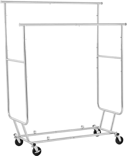 Yaheetech Grande Portant à Vêtements 2 Barres Extensibles Hauteur Réglable 139-164 cm Penderie roulettes avec Freins Charge Max.113 kg Métal Chromé