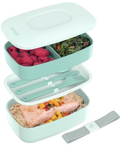 Bentgo Classic - Adult Bento Box, All-in-One Stackable Lunch Box Container with 3 Compartments, Plastic Utensils, and Nylon Sealing Strap, BPA Free Food Container (Coastal Aqua)