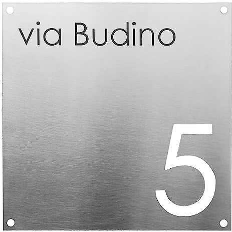 GUIZZO Creart - Numero Civico Esterno in Acciaio Inox, Targa Personalizzata con Numeri Civici Esterni, Via e/o Famiglia e Nomi Made in Italy, Targhetta Personalizzata Porta Ingresso Esterno, 15x15H cm