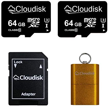 Cloudisk Confezione da 2 Schede Micro SD 64GB U3 C10, Memoria Ultra-Rapida con Adattatore e Lettore di Schede, Perfetta per Video 4K UHD, Full HD, Giochi, Droni, Fotocamere e Smartphone