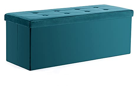 HNNHOME Extra Large Ottoman Storage Box, Velvet Blanket Box Bench (Teal) | 151L storage for blankets and bedding- Folds flat for easy storage- Quick assembly- Padded seat for bedroom or living room