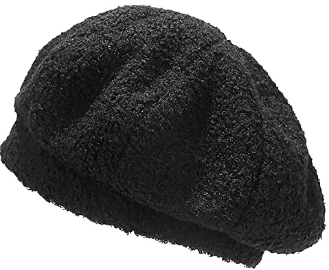 Women's Winter Faux Lamb Wool Beret Hat Teddy Fleece Warm Beanie Artist Painter Hats Pumpkin Hat for Women Girls (as1, Alpha, one_Size, Black, One Size)